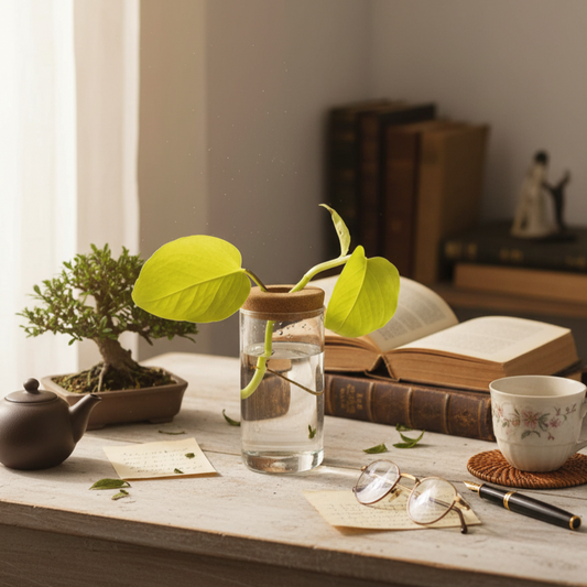 Une vue de près d'une table en bois ornée d'une bouture de plante verte dans un pot à boutures en verre transparent avec un bouchon en liège, accompagnée d'une théière en argile, d'une petite plante bonsaï, d'une tasse à thé à motifs, de lunettes, d'un stylo et de livres anciens. La lumière du soleil filtre à travers une fenêtre sur le côté gauche, éclairant la scène avec une ambiance chaleureuse.