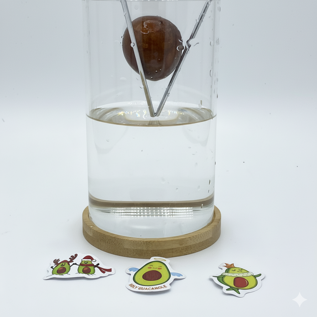 Un noyau d'avocat soutenu par deux tiges métalliques fines au-dessus de l'eau dans un grand verre cylindrique, posé sur une base en bois. Trois petits autocollants en forme d'avocat sont dispersés sur la surface blanche en bas de l'image.