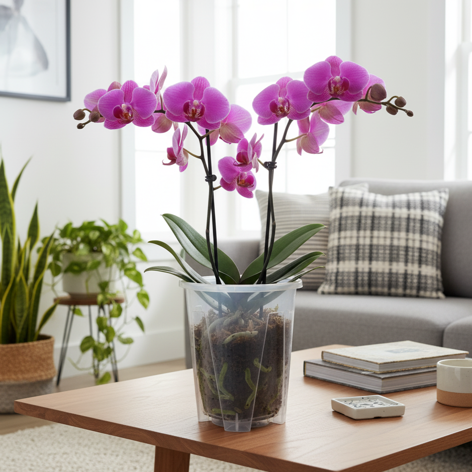 Une magnifique orchidée Phalaenopsis aux fleurs roses et blanches et aux feuilles vertes est posée dans un pot en plastique transparent sur une table basse en bois. La photo, prise dans un salon lumineux, met en évidence les racines de la plante à travers le pot. L'arrière-plan flou montre un canapé confortable, créant une ambiance chaleureuse et élégante