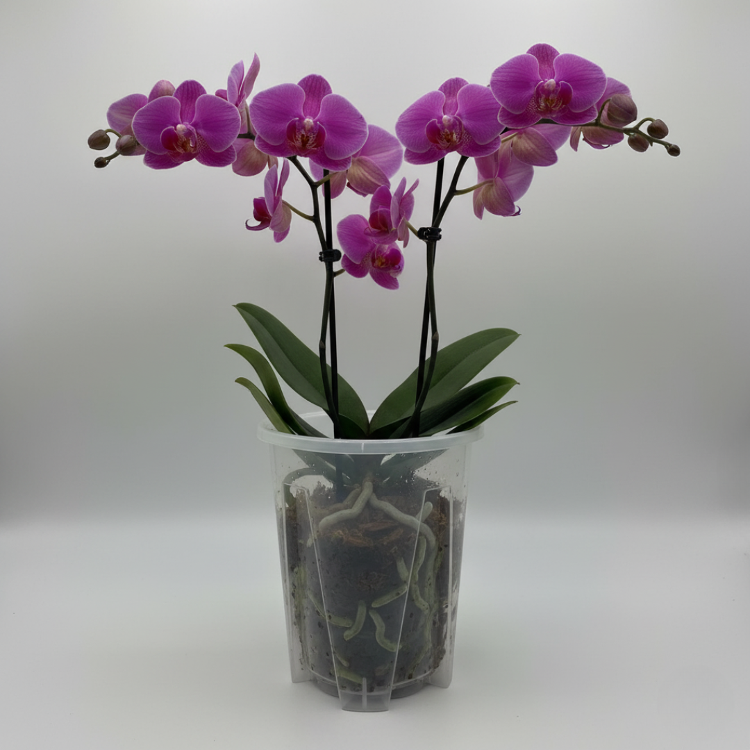 Une magnifique orchidée Phalaenopsis aux fleurs roses et blanches et aux feuilles vertes est posée dans un pot en plastique transparent