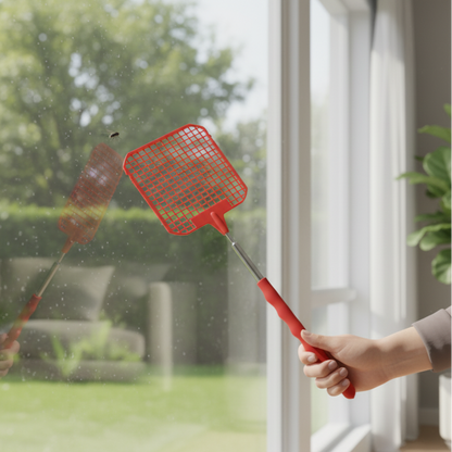 Une personne utilise une tapette à mouche rouge pour écraser une mouche contre la vitre d'une fenêtre, avec une vue ensoleillée sur l'extérieur en arrière-plan.