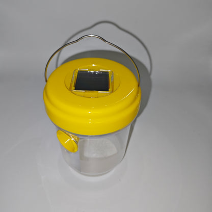  Piège à insectes solaire jaune et transparent, avec poignée métallique et panneau solaire, pour capturer les moustiques et les guêpes.