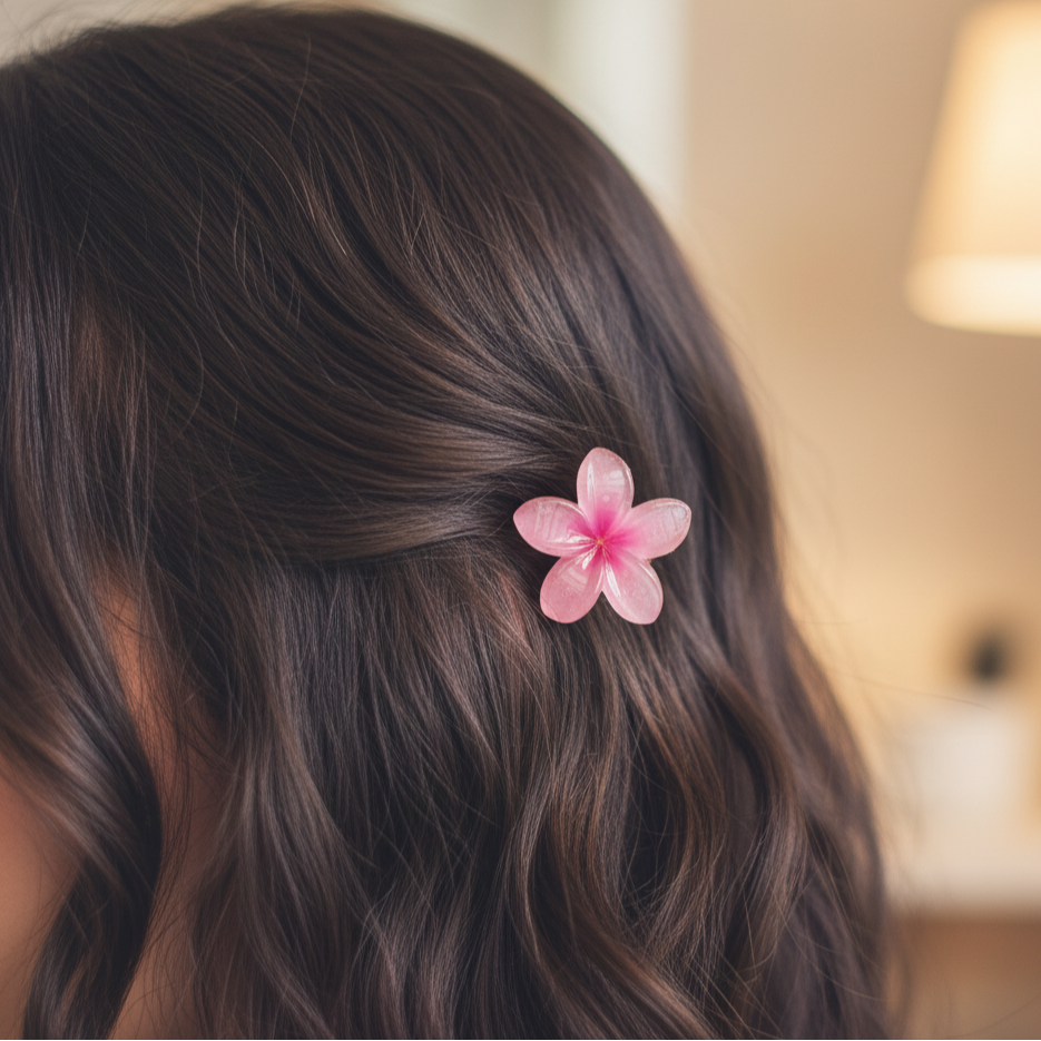 Pince à cheveux rose en forme de fleur, portée sur le côté de la tête d'une femme aux cheveux bruns ondulés.