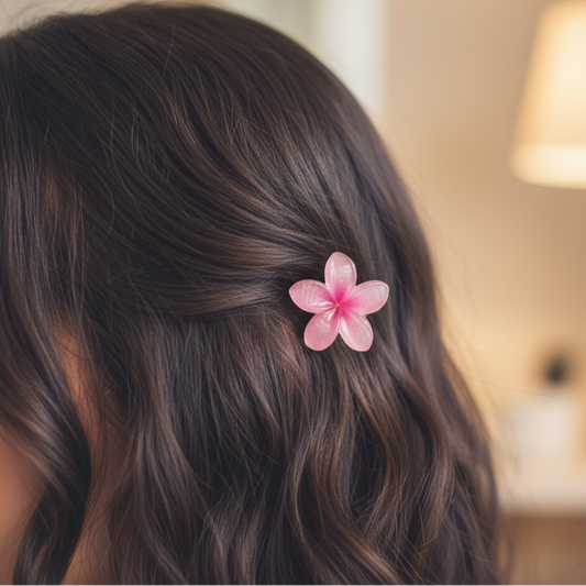 Pince à cheveux rose en forme de fleur, portée sur le côté de la tête d'une femme aux cheveux bruns ondulés.