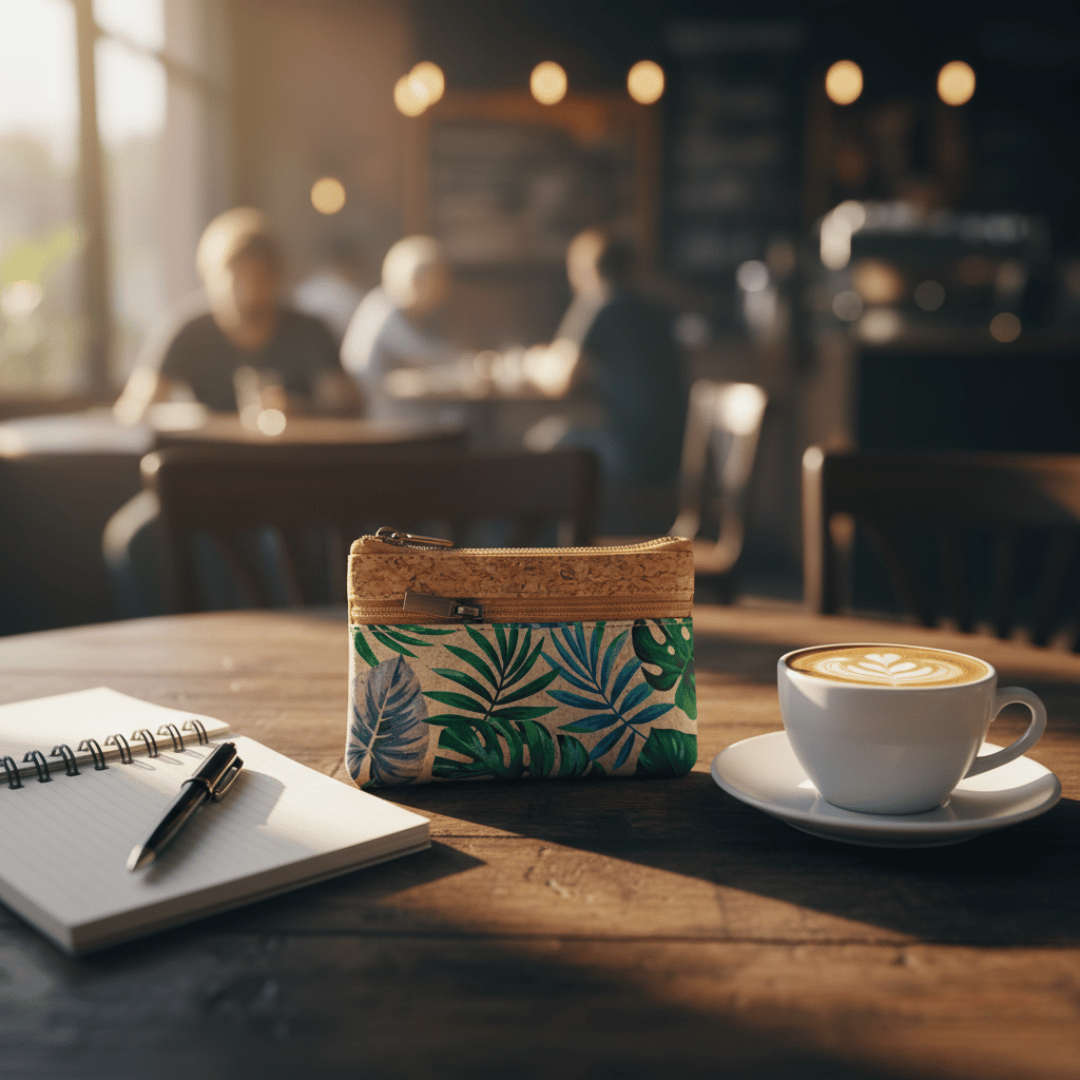Pochette en liège avec un motif de feuilles tropicales, posée sur une table en bois dans un café, à côté d'une tasse de café et d'un carnet