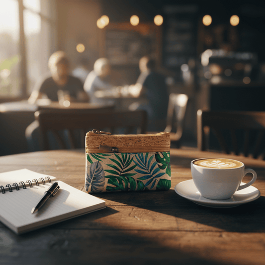 Pochette en liège avec un motif de feuilles tropicales, posée sur une table en bois dans un café, à côté d'une tasse de café et d'un carnet