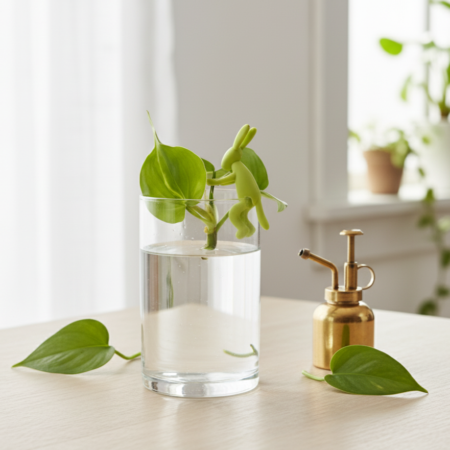 Porte-bouture original en forme de lapin vert maintenant des boutures de philodendron dans un verre d'eau, à côté d'un vaporisateur en laiton sur une table en bois.