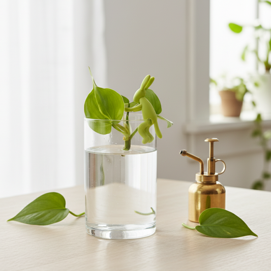 Porte-bouture original en forme de lapin vert maintenant des boutures de philodendron dans un verre d'eau, à côté d'un vaporisateur en laiton sur une table en bois.