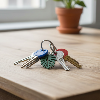 Gros plan sur un trousseau de clés posé sur une table en bois. Le trousseau comprend plusieurs clés, un porte-clés en forme de feuille de monstera, et deux étiquettes de couleur (bleu et rouge) sur les clés.