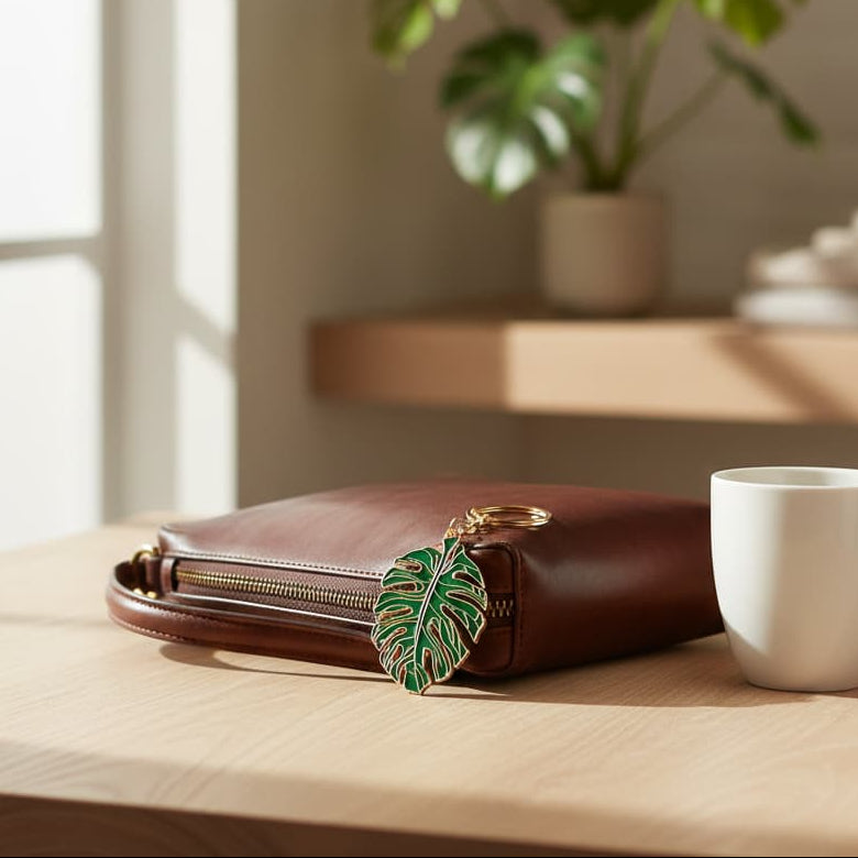 Vue rapprochée du porte-clés monstera posé sur une pochette en cuir marron, à côté d'une tasse de café blanche dans un intérieur moderne et lumineux.