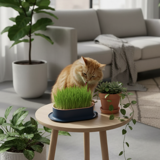 Pot à herbe à chat ovale rose et bleu, placé sur une table basse en bois dans un salon lumineux avec des plantes vertes.