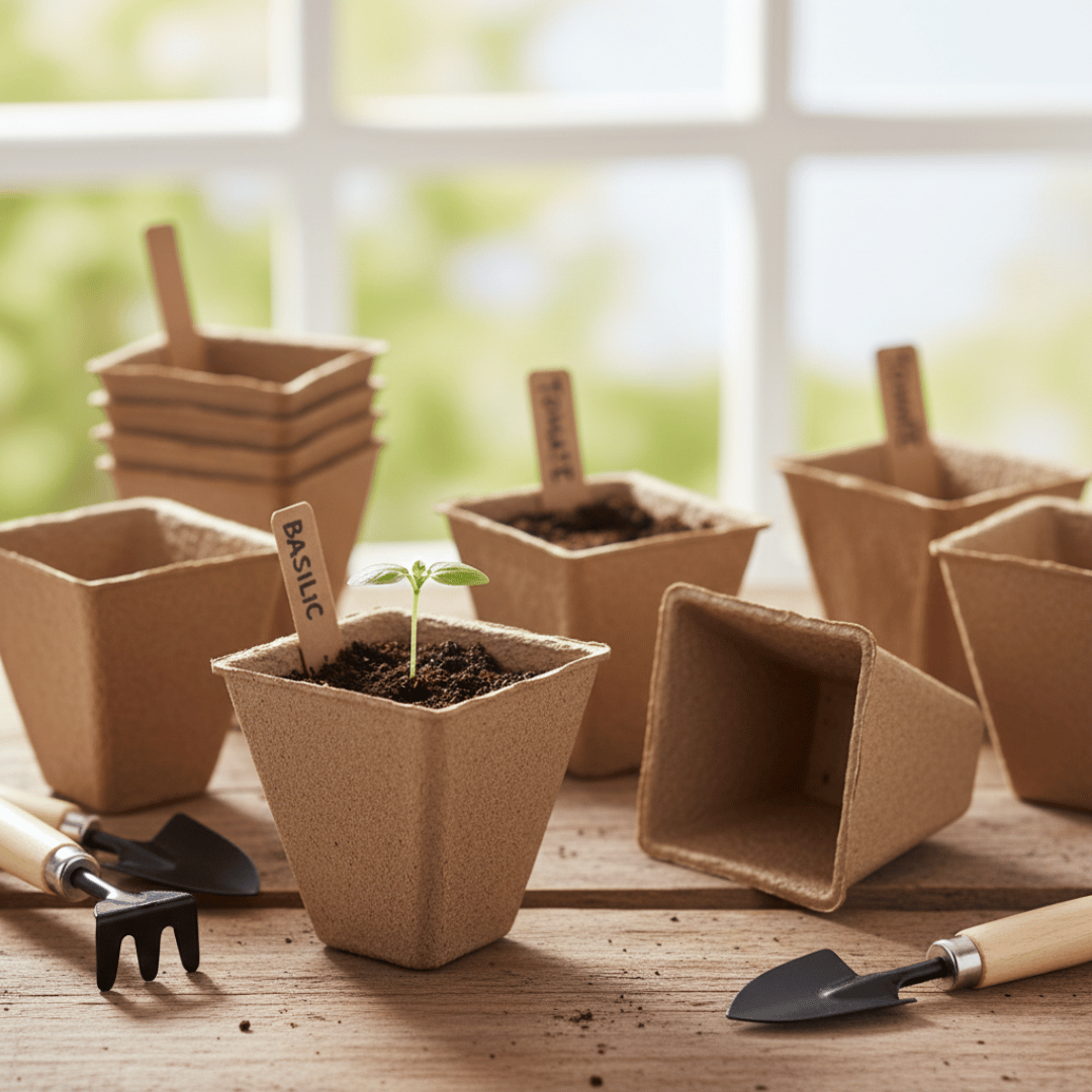 Un petit pot de semis biodégradable en fibre de coco, posé sur une surface en bois, rempli de terreau, avec des graines de plantes et une petite pelle à côté.