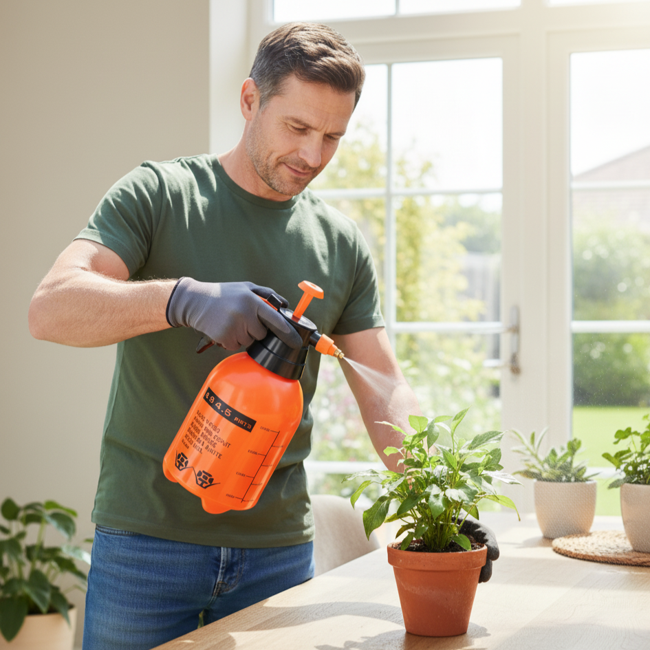 Un homme souriant utilise un pulvérisateur orange de 2L pour arroser une plante d'intérieur verte dans le salon, près d'une fenêtre ensoleillée.