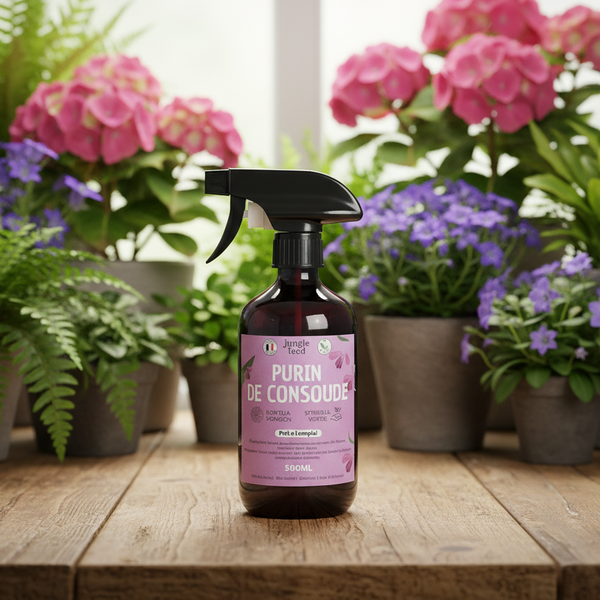 Produit Jungle Feed Purin de Consoude posé sur une table en bois, entouré de plantes fleuries pour illustrer son action sur la floraison.