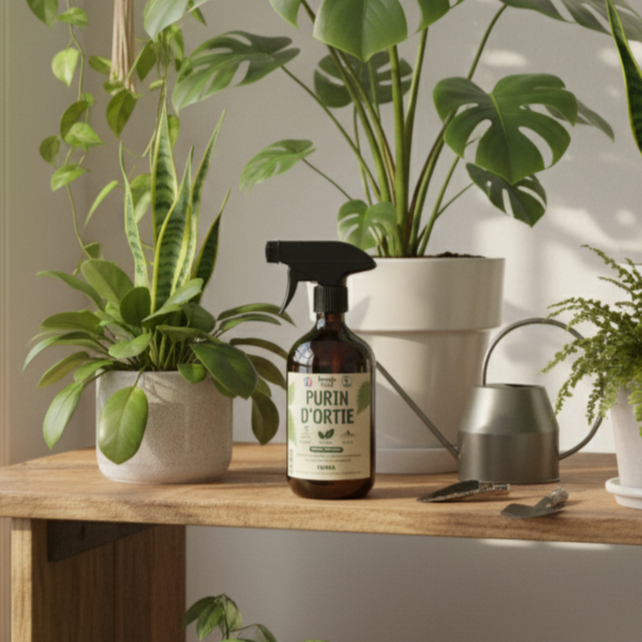 Une bouteille de purin d'ortie Jungle Feed sur une étagère en bois, entourée de plantes d'intérieur luxuriantes (Monstera, Sansevieria, Pothos, fougère) près d'une fenêtre ensoleillée. À côté de la bouteille, un petit arrosoir en métal et des ciseaux de jardinage. L'ensemble évoque le soin et la vitalité des plantes.