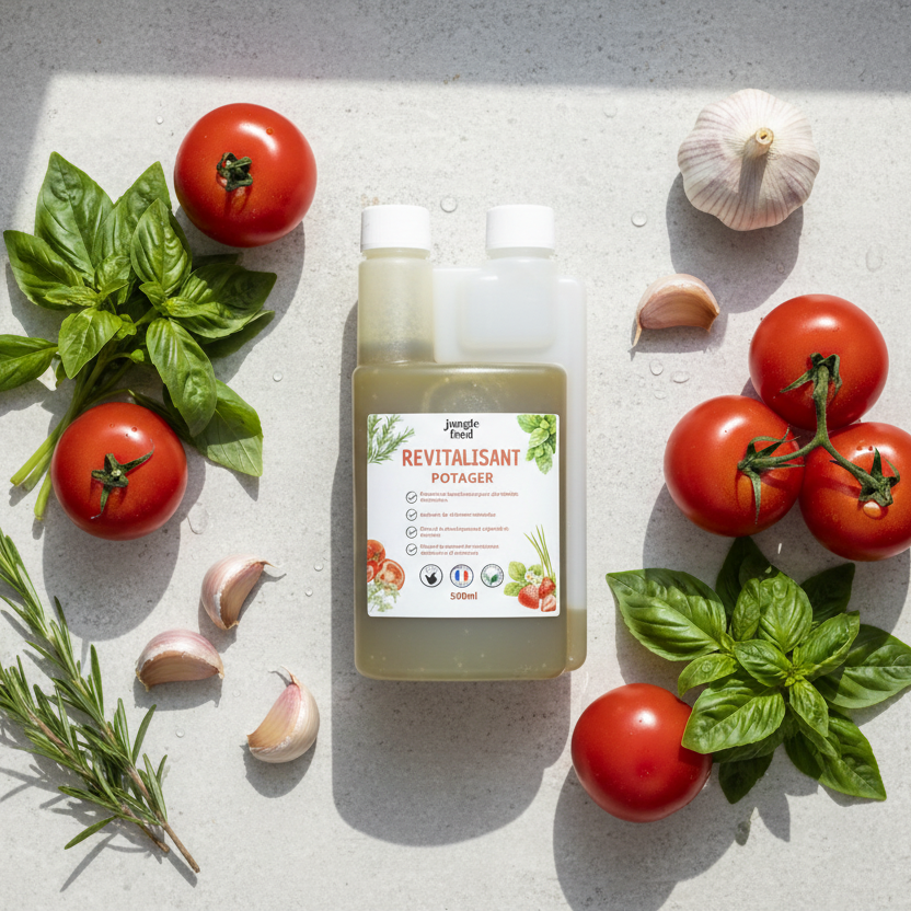 Engrais potager naturel Jungle Feed 500ml vue flat lay avec tomates, ail et basilic frais - Made in France