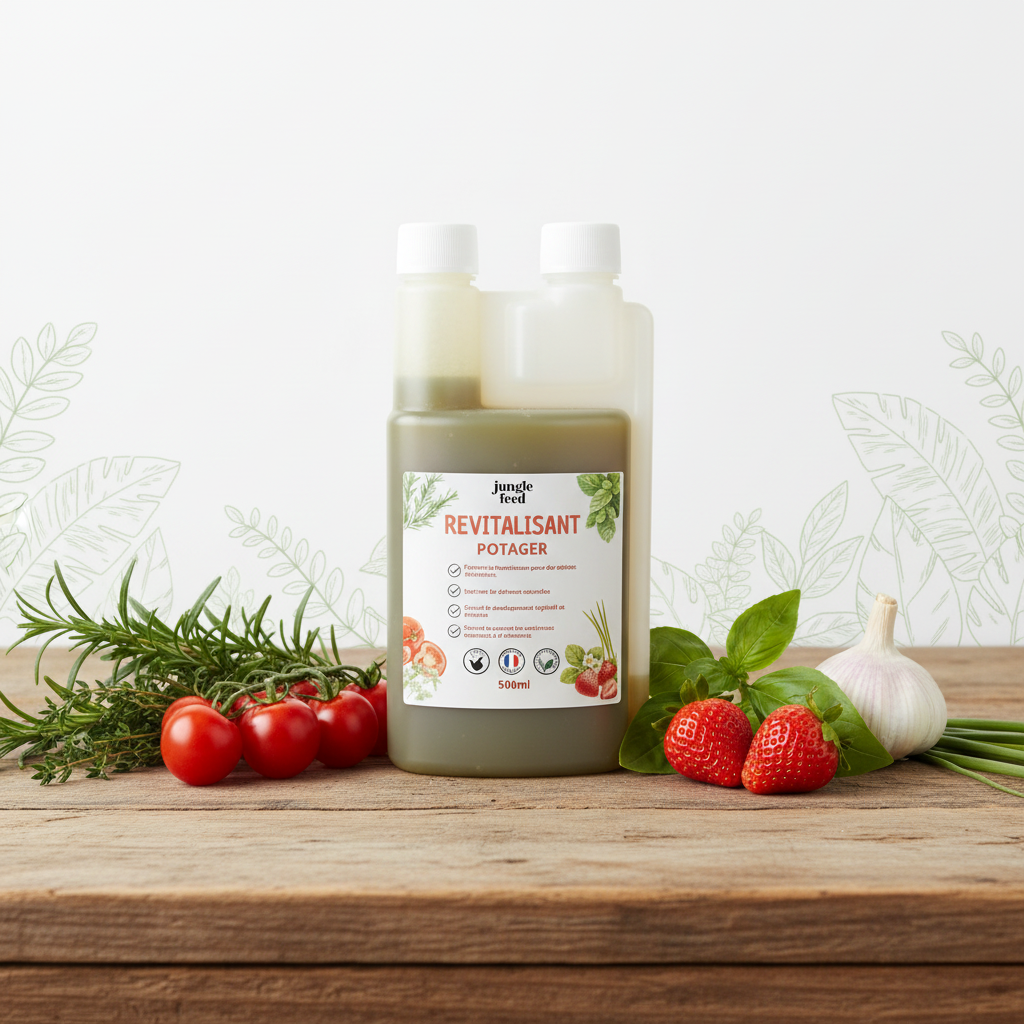 Revitalisant Potager Jungle Feed 500ml - Engrais liquide naturel concentré pour potager, entouré de tomates, romarin et fraises