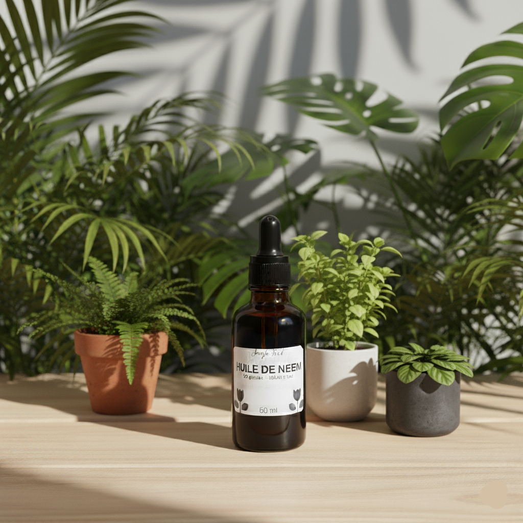 Flacon en verre teinté d'huile de neem avec un compte-gouttes, posé sur une surface en bois clair. Il est entouré de plantes vertes d'intérieur : une fougère, un petit arbuste et un monstera en arrière-plan. L'étiquette sur le flacon indique "Huile de Neem" et "50 ml". La lumière du soleil projette des ombres de feuilles sur le mur blanc derrière.