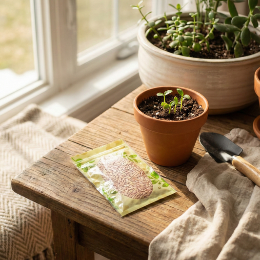 Un sachet de graines transparent posé sur une table en bois rustique à côté d'un pot en terre cuite contenant de jeunes pousses et d'une petite pelle de jardinage, près d'une fenêtre ensoleillée.