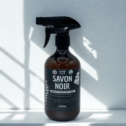 Bouteille de Savon Noir prêt à l'emploi de 500 ml, un produit de soin des plantes et insecticide naturel pour lutter contre les pucerons. Le flacon est mis en scène près de plantes saines