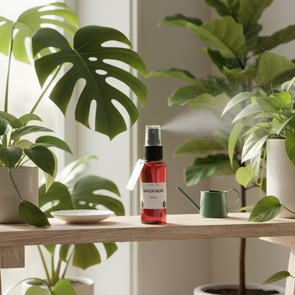 Flacon de Savon Noir 50ml en spray pour plantes d'appartement, posé sur une étagère en bois avec des plantes vertes luxuriantes en arrière-plan et un arrosoir miniature. Le spray est en action, illustrant l'application du produit pour le soin des feuilles et la protection.
