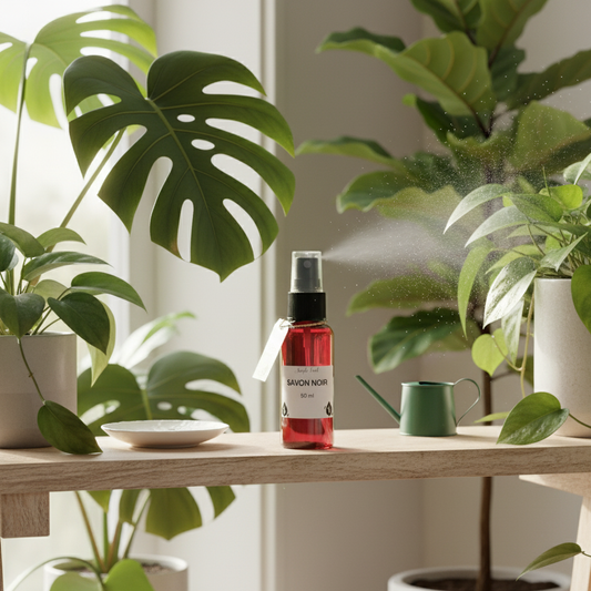 Flacon de Savon Noir 50ml en spray pour plantes d'appartement, posé sur une étagère en bois avec des plantes vertes luxuriantes en arrière-plan et un arrosoir miniature. Le spray est en action, illustrant l'application du produit pour le soin des feuilles et la protection.