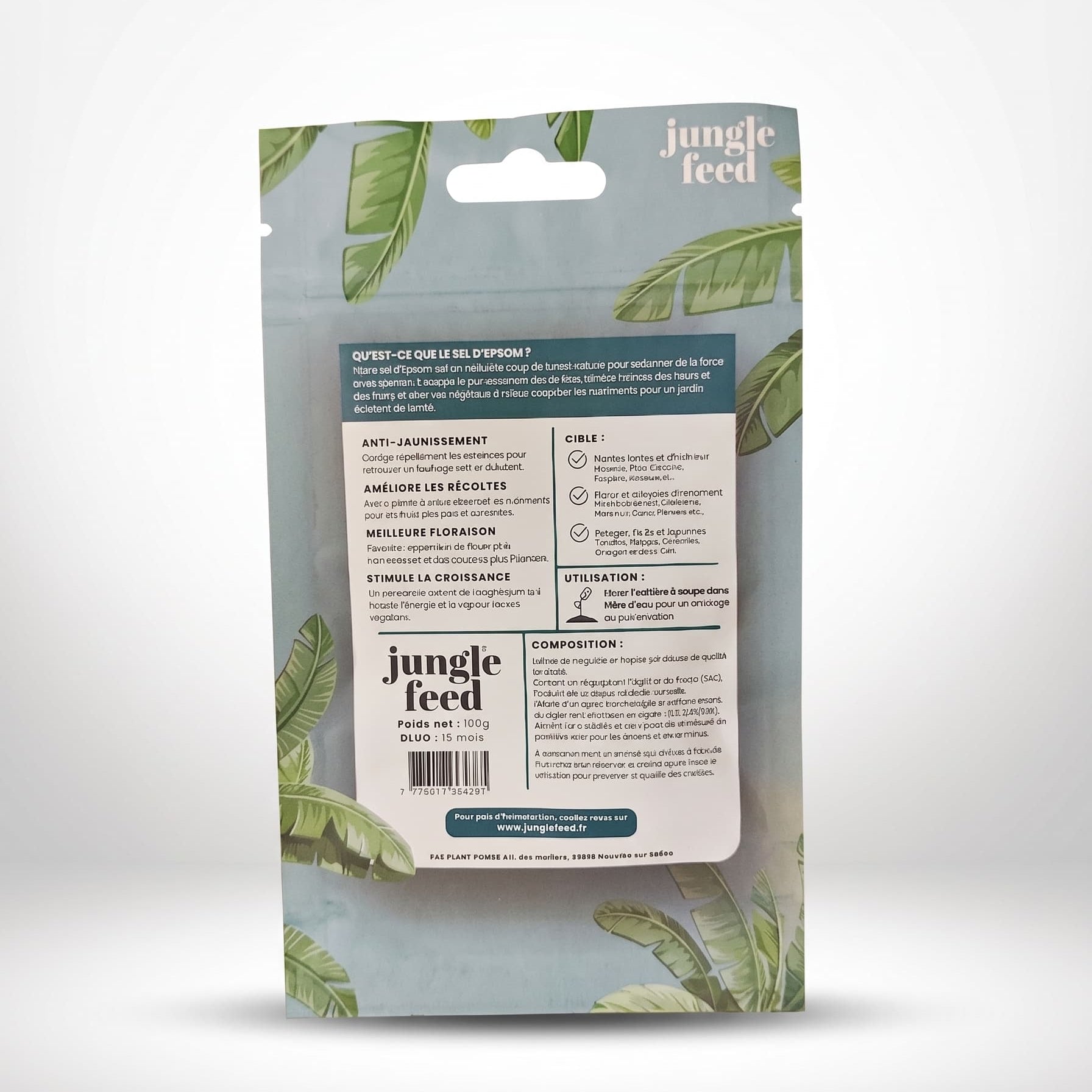 Dos du sachet Sel d'Epsom Jungle Feed 100g – composition, utilisation et bienfaits anti-jaunissement et stimulation de croissance