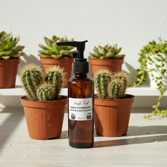 Flacon en verre ambré de 100ml avec une pompe noire de sérum nourrissant "Jungle Feed" pour cactus et succulentes. Le produit est placé sur une étagère en bois entouré de plusieurs cactus et plantes grasses.