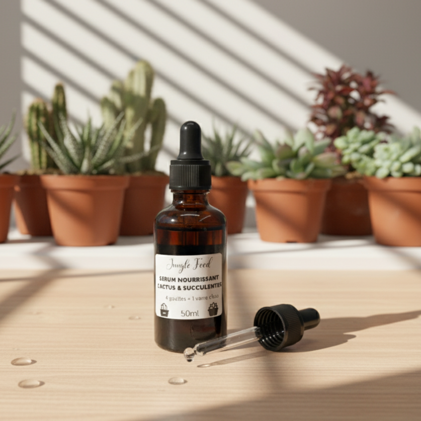 Flacon en verre ambré de 50ml du sérum nourrissant "Jungle Feed" pour cactus et succulentes, avec son compte-gouttes posé à côté. Le produit est sur une surface en bois avec des gouttes d'eau, et plusieurs cactus et plantes grasses sont visibles en arrière-plan.