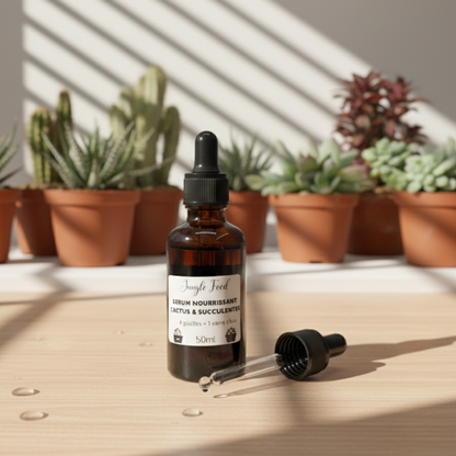 Flacon en verre ambré de 50ml du sérum nourrissant "Jungle Feed" pour cactus et succulentes, avec son compte-gouttes posé à côté. Le produit est sur une surface en bois avec des gouttes d'eau, et plusieurs cactus et plantes grasses sont visibles en arrière-plan.