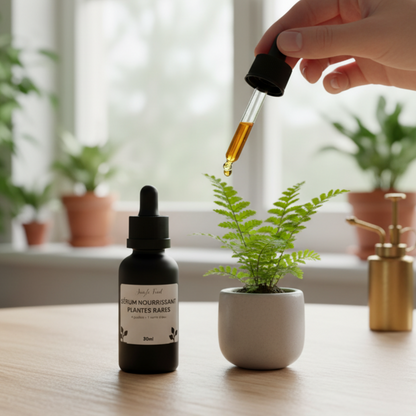 Goutte de sérum nourrissant "Jungle Feed" 30ml tombant du compte-gouttes dans le pot d'une jeune plante Monstera.