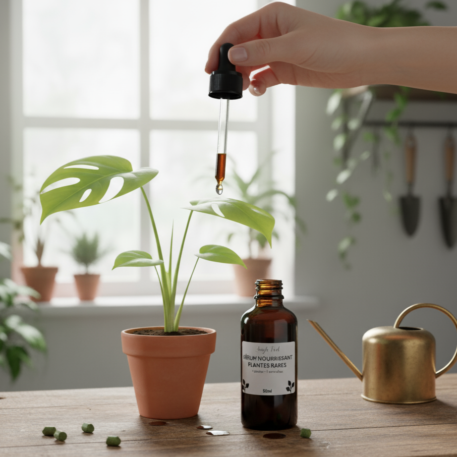 Goutte de sérum nourrissant 50ml 
"Jungle Feed" tombant du compte-gouttes dans le pot d'une jeune plante Monstera.
