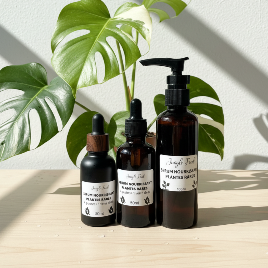 Les trois formats (30ml, 50ml, 100ml) de sérum "Jungle Feed" pour plantes rares, alignés sur une surface en bois avec une grande plante Monstera en arrière-plan.