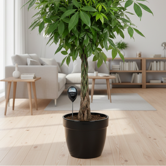 Grande plante Pachira aquatica (arbre à argent) dans un pot noir, avec une sonde d'humidité noire insérée dans la terre. La scène est un salon moderne et lumineux avec un canapé et des étagères en arrière-plan flou.