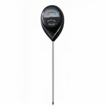 Sonde d'humidité pour plantes, de couleur noire avec un cadran affichant 'Dry', 'Moist' et 'Wet', sur un fond blanc pour un rendu studio. La tige est métallique.