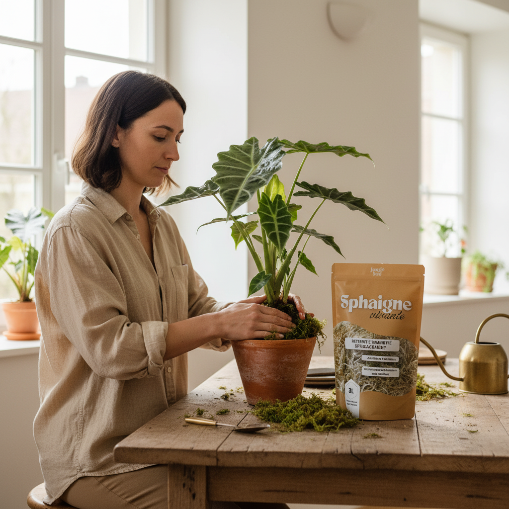 Sphaigne vivante 3L Jungle Feed - utilisation lors d'un rempotage de plante tropicale
