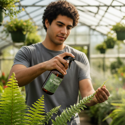 Jardinier en train de vaporiser du Purin de Fougère Jungle Feed sur des plantes pour les renforcer et les protéger contre les parasites.
