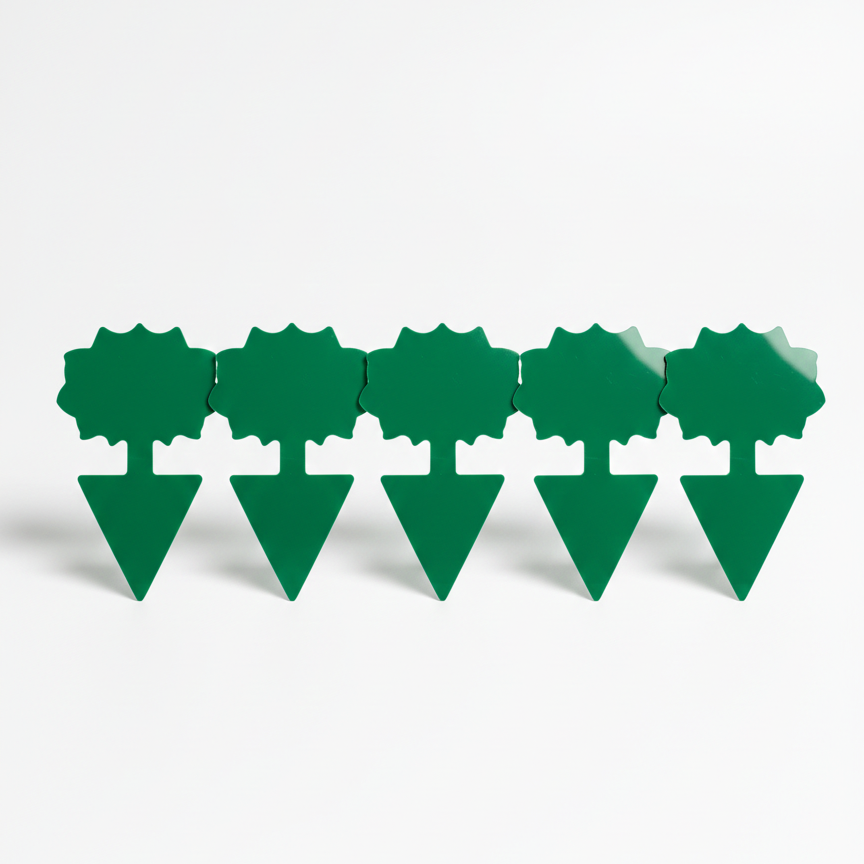 Gros plan sur 5 pièges adhésif de couleur verte en forme de fleur stylisée. Le dispositif dispose d'un piquet à sa base pour être inséré dans la terre et sert à capturer les thrips et mouches de terreau.