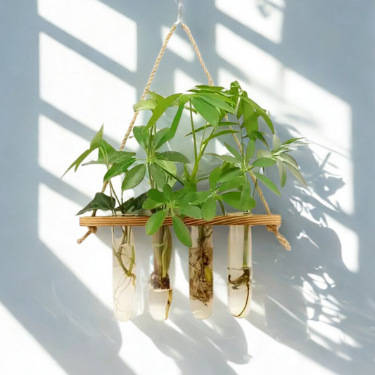 Un support de bouturage mural suspendu en bois et verre, contenant des boutures de plantes d'intérieur comme de la Schefflera et du lierre, avec des ombres sur un mur blanc.