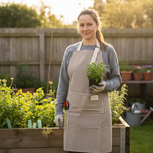 Tablier de jardinage à rayures marron et blanches, vu de face, avec une poche avant. Un outil de jardinage est glissé dans la poche.