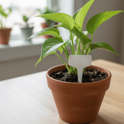 Une photo rapprochée d'une jeune plante verte dans un pot en terre cuite, posée sur une table en bois. Un marqueur de plante en plastique blanc et vierge est enfoncé dans la terre à côté de la tige. À l'arrière-plan, d'autres plantes sont visibles sur un rebord de fenêtre.