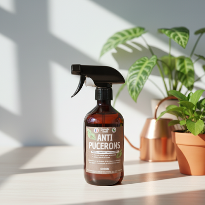 Pulvérisateur d'anti-pucerons naturel et efficace de Jungle Feed, conçu pour protéger les plantes des invasions. Produit présenté dans un environnement végétal et lumineux.