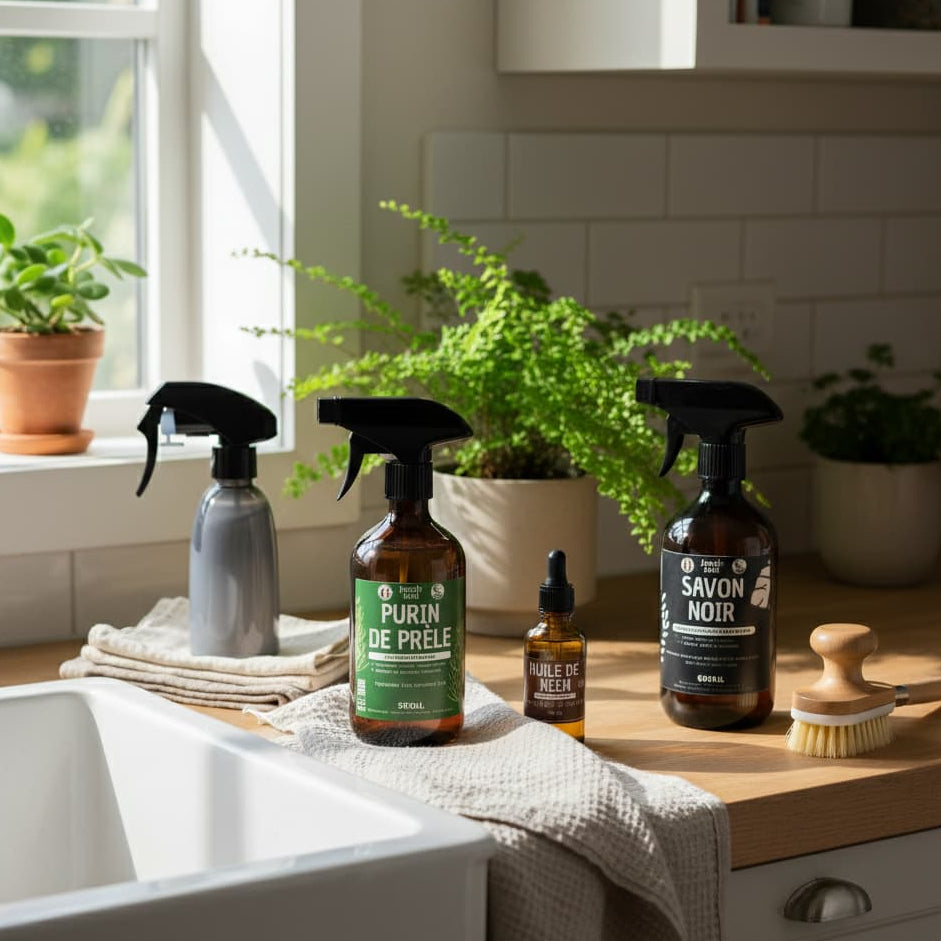 Kit de soin naturel contre les araignées rouges disposé sur un plan de travail en bois près d'une fenêtre, incluant du savon noir et de l'huile de neem pour protéger les plantes d'intérieur.