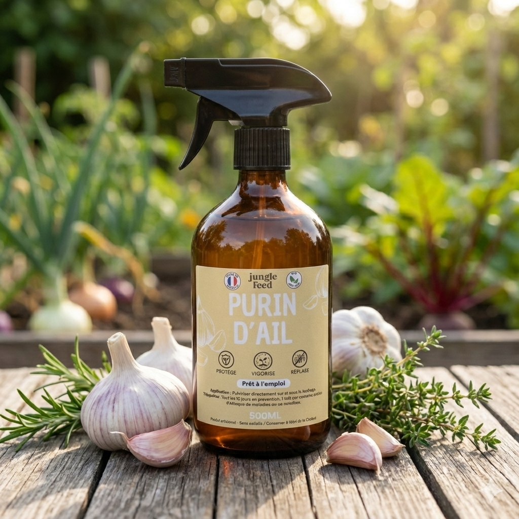 Flacon de Purin d'Ail Jungle Feed mis en scène dans un potager, entouré de gousses d'ail et de légumes, illustrant son action répulsive contre les nuisibles.