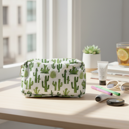 Trousse de maquillage en tissu blanc avec un imprimé de cactus verts, posée sur une table en bois. La scène est lumineuse et met en avant la trousse avec des produits de beauté et des lunettes de soleil à côté.