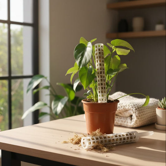 Une jeune plante Monstera dans un pot en terre cuite avec un tuteur empilable en plastique blanc rempli de sphaigne, posée sur une table en bois avec de la mousse à côté.