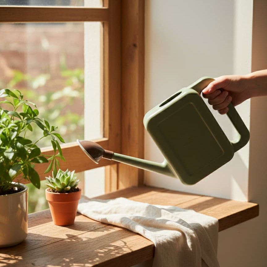 Une main tenant l'arrosoir 1L vert pour arroser une petite plante succulente sur le rebord en bois d'une fenêtre ensoleillée. Ambiance chaleureuse et lumineuse.