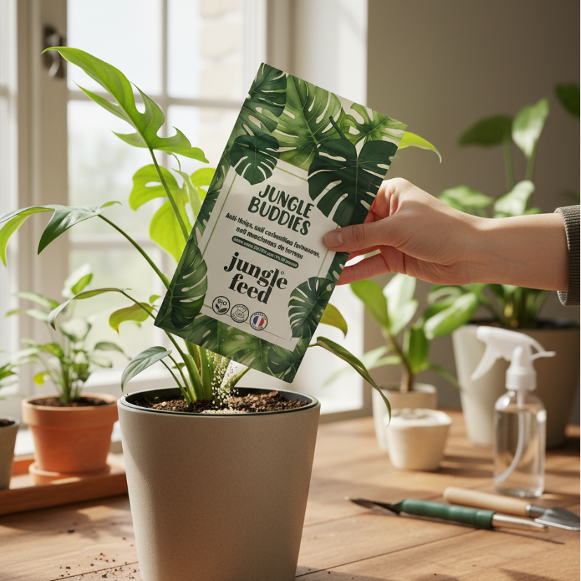 Une main saupoudre le contenu d'un sachet de "Jungle Buddies" sur la terre d'un pot de plante Monstera. La scène se déroule sur une table en bois, entourée d'autres plantes et d'accessoires de jardinage, devant une fenêtre.
