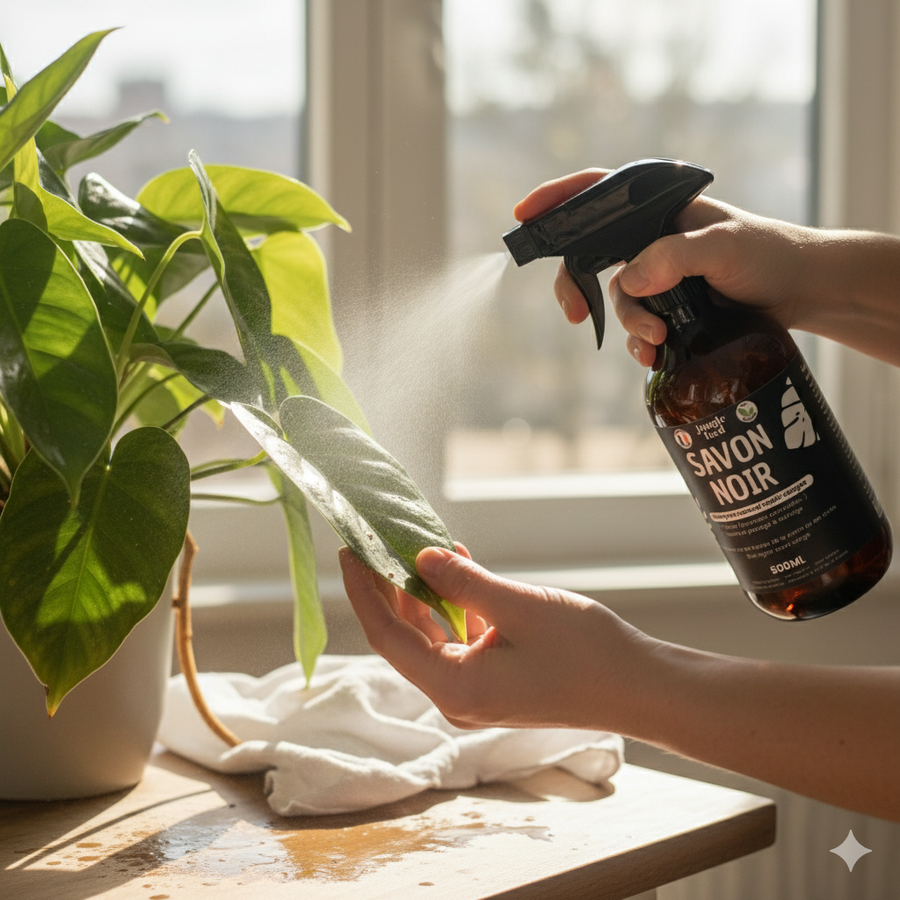 Une personne vaporise du savon noir de la marque Jungle Feed sur les feuilles d'une plante verte d'intérieur, en utilisant une bouteille brune munie d'un vaporisateur noir.
